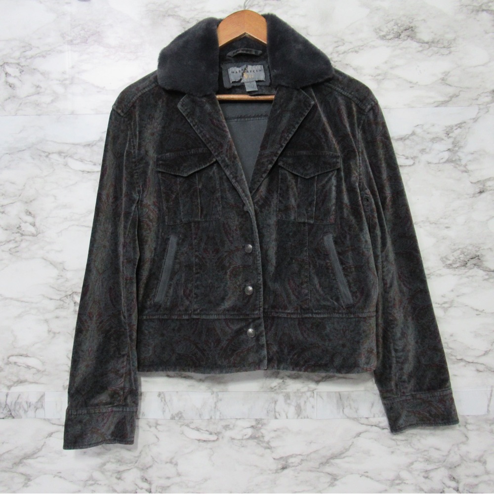 Anthropologie Marrakech Gray Printed Velvet Jacket Faux Fur Collar Size Small